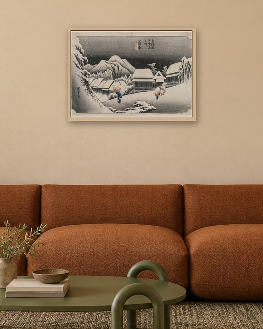 Utagawa Hiroshige - Evening Snow at Kambara (number sixteen of the series Fifty-three Stations of the Tokaido) - oak frame in a room