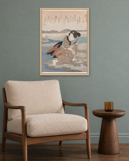 Utagawa Kuniyoshi - Fourth Print from A Low Tide Pentaptych - oak frame in a room