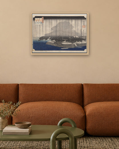 Utagawa Hiroshige - Night Rain at Karasaki, from Eight Views of Ōmi - oak frame in a room