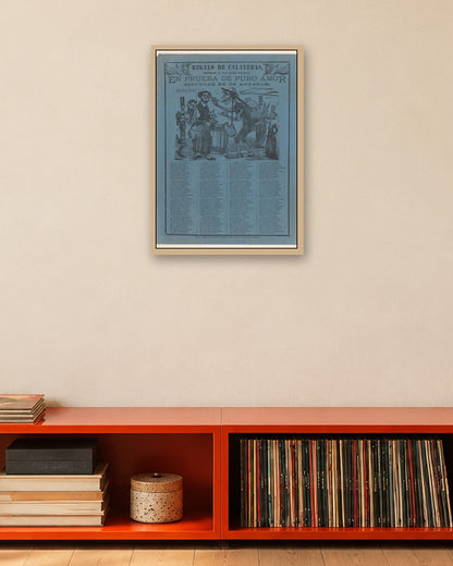 José Guadalupe Posada - In proof of true love, a watercarrier skeleton arguing with a woman (Posada); two skeleton angels in upper corners (Manilla) - oak frame in a room