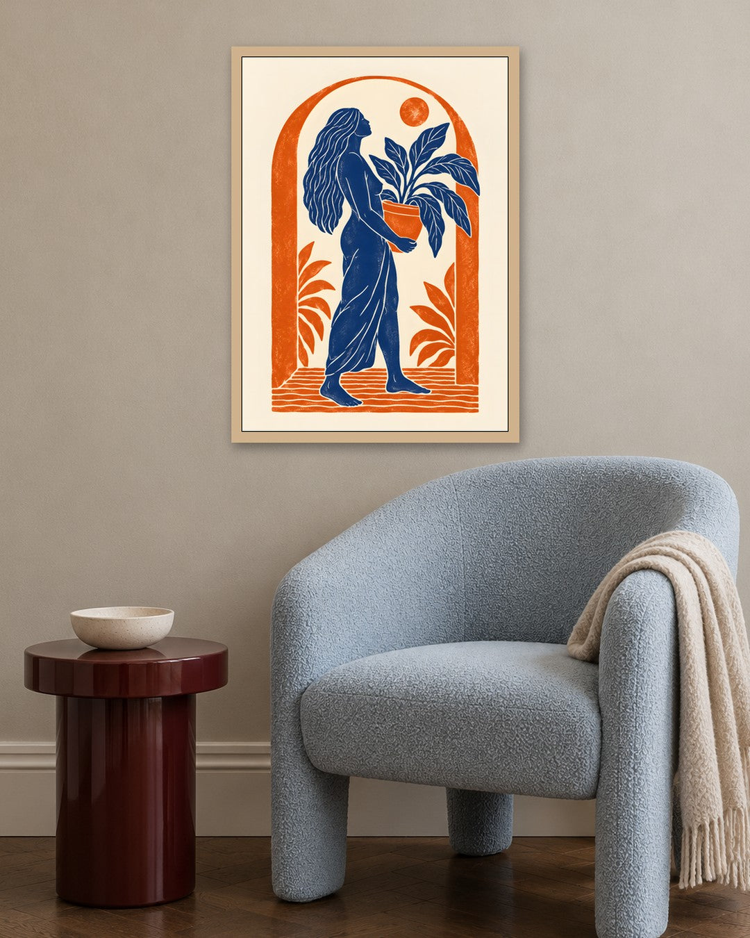Yavr Johanssen - Linocut Woman with Potted Plant - oak frame in a room