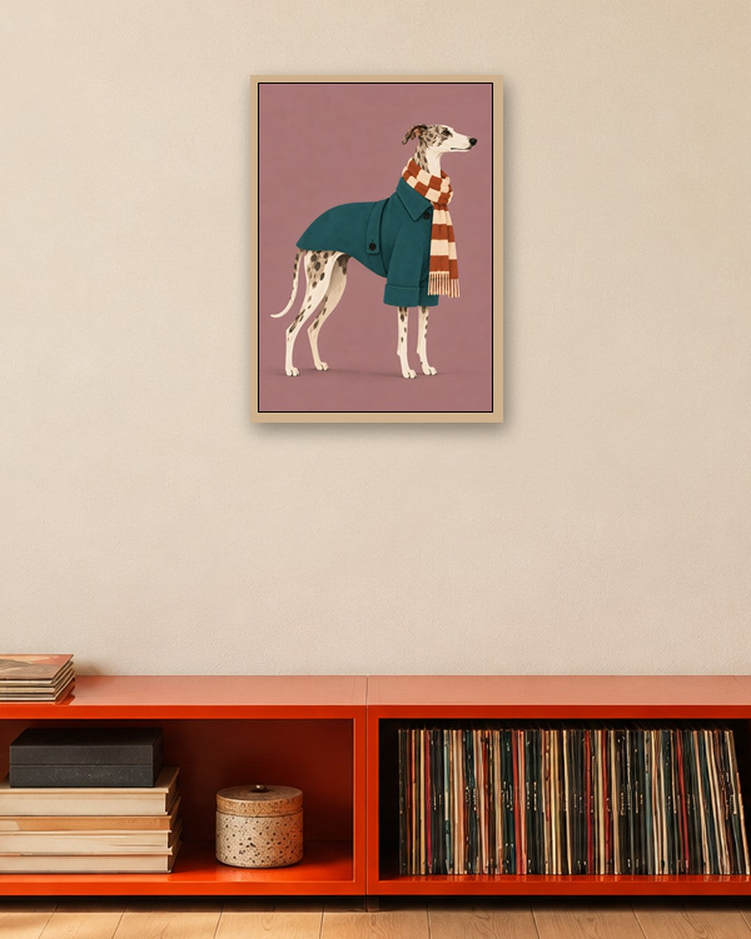 Elise Rowan - Winter Whippet - oak frame in a room