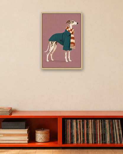 Elise Rowan - Winter Whippet - oak frame in a room