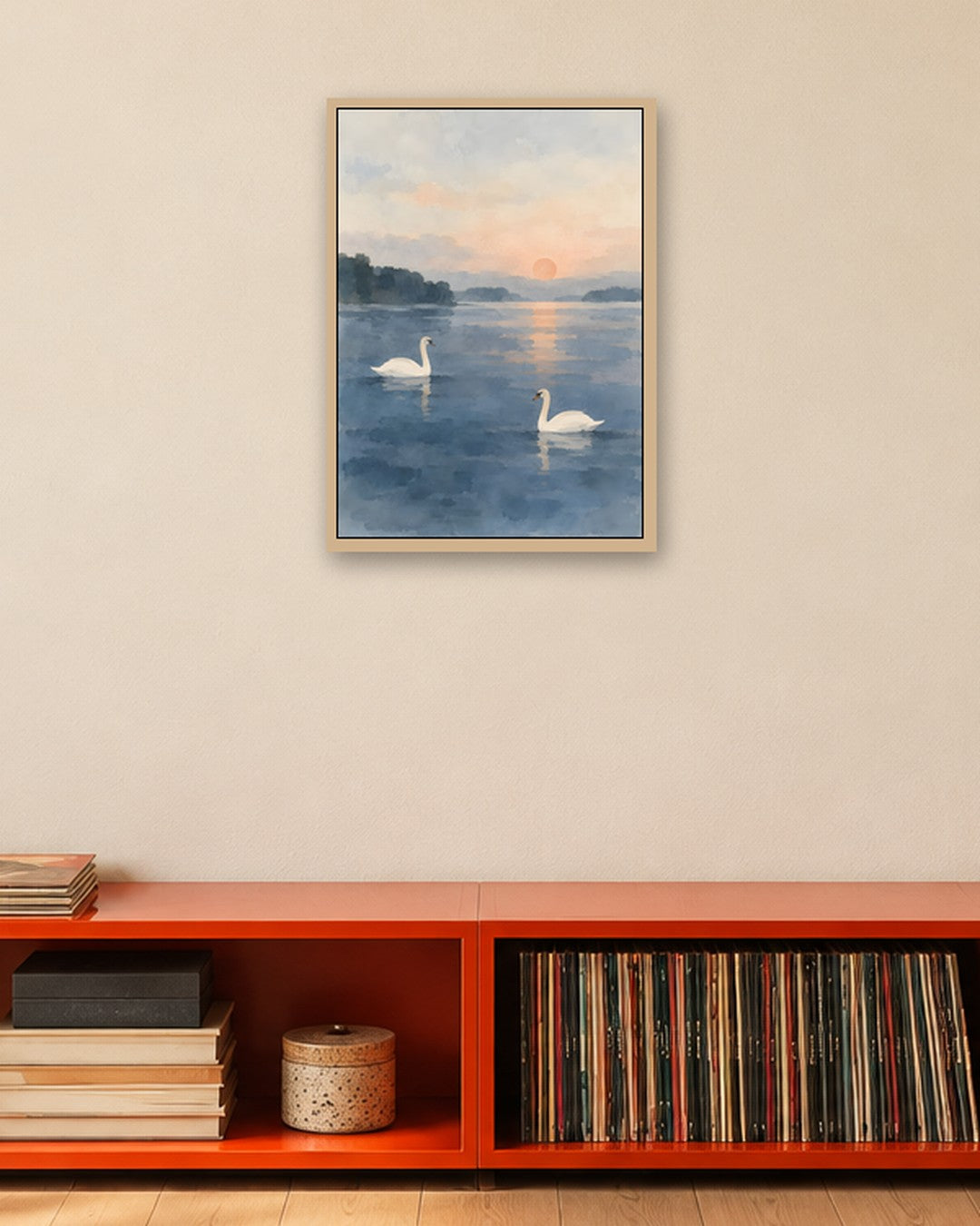 Cengiz Curtis - Dawn Swans on a Misty Lake - oak frame in a room