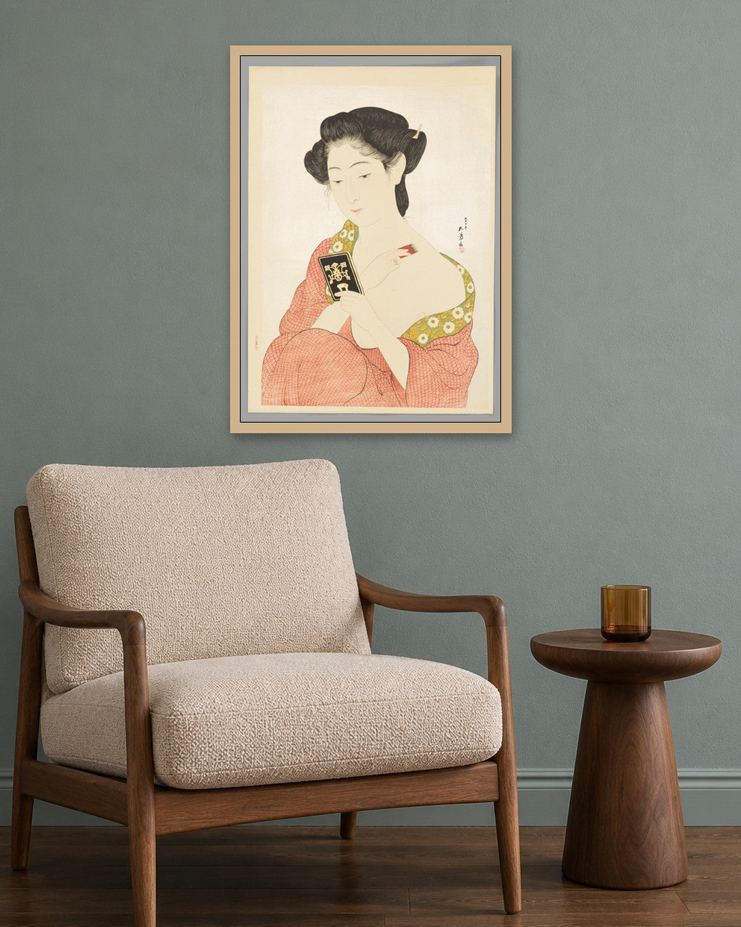 Hashiguchi Goyō - Woman Applying Makeup - oak frame in a room