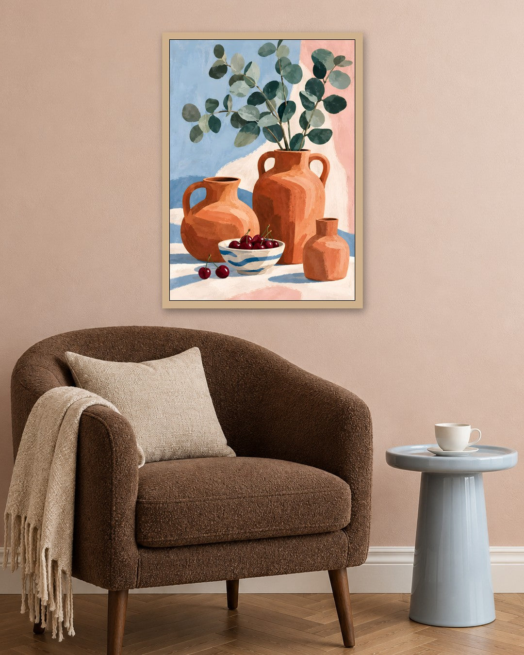 Jinna Jerre - Gouache Still Life with Cherries and Eucalyptus - oak frame in a room
