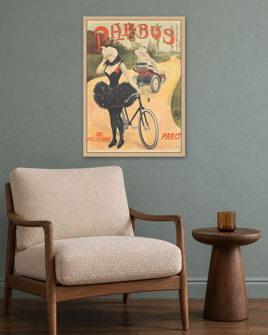 Phébus - Vintage Poster (1899) - oak frame in a room