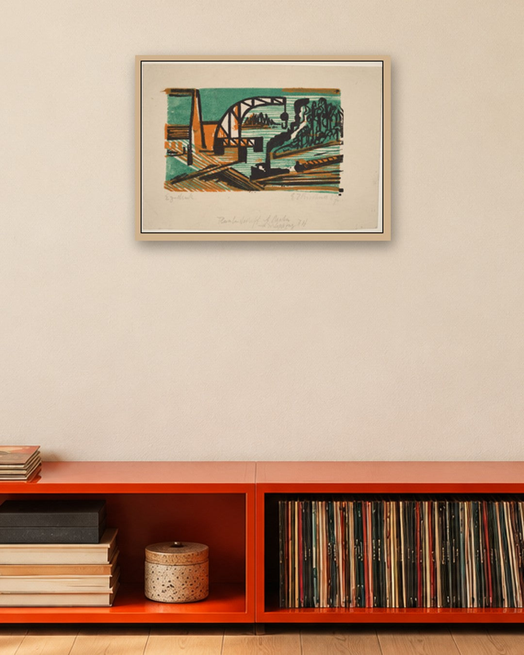River Landscape with Crane and Barges - oak frame in a room