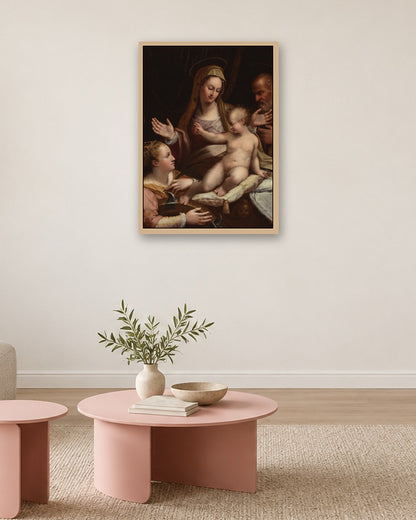 Renaissance Masters - Holy Family with Saint Catherine - oak frame in a room