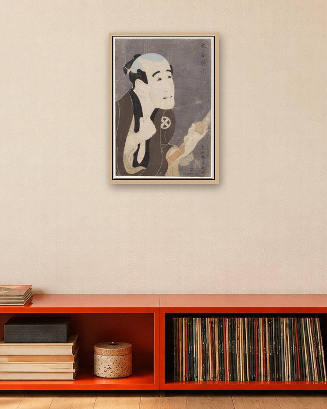 Tōshūsai Sharaku - Otani Tokuji I as the Retainer Sodesuke in "Flowering Irises: A Soga Vendetta of the Bunroku Era" - oak frame in a room