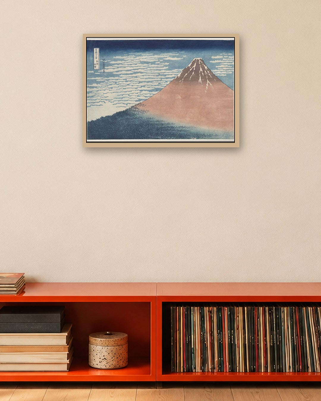 Katsushika Hokusai - South Wind, Clear Sky, from Thirty-Six Views of Mount Fuji - oak frame in a room
