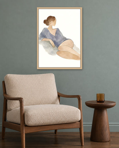 Cengiz Curtis - Serene Reclining Woman in Watercolour - oak frame in a room
