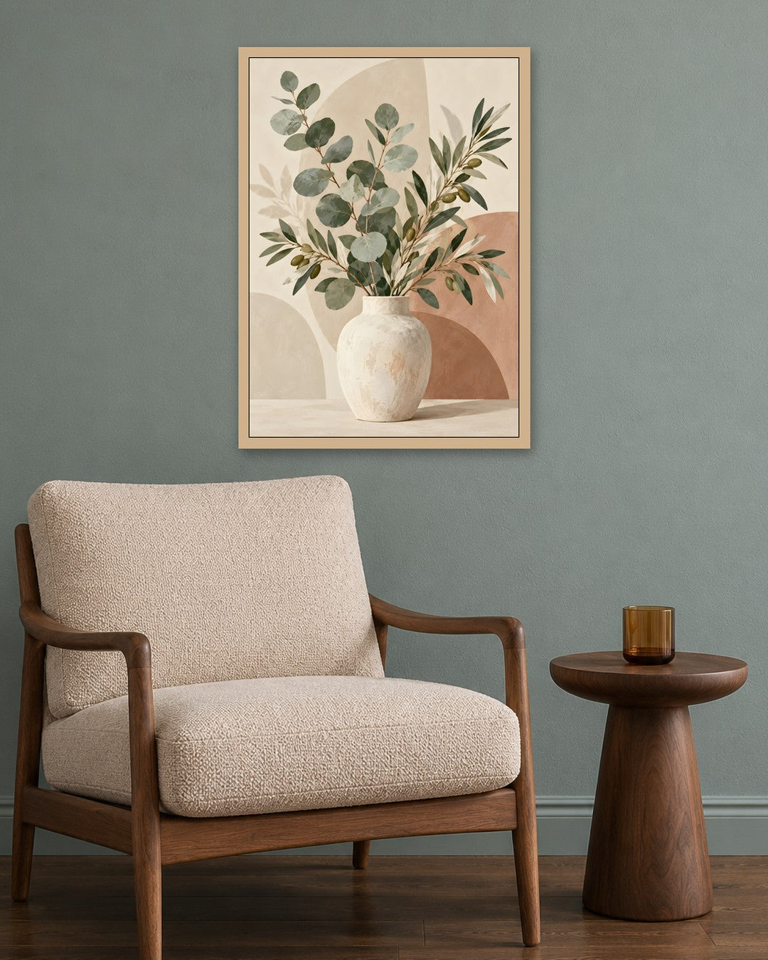 Jennet Hampsonn - Minimalist Eucalyptus and Olive Still Life - oak frame in a room