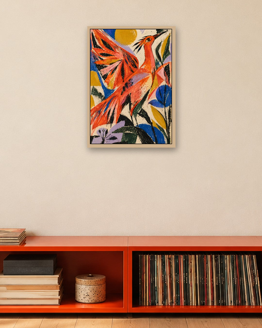 Faris Mcgee - A Bold Abstract Expressionist Oil Pastel Crayon P - oak frame in a room