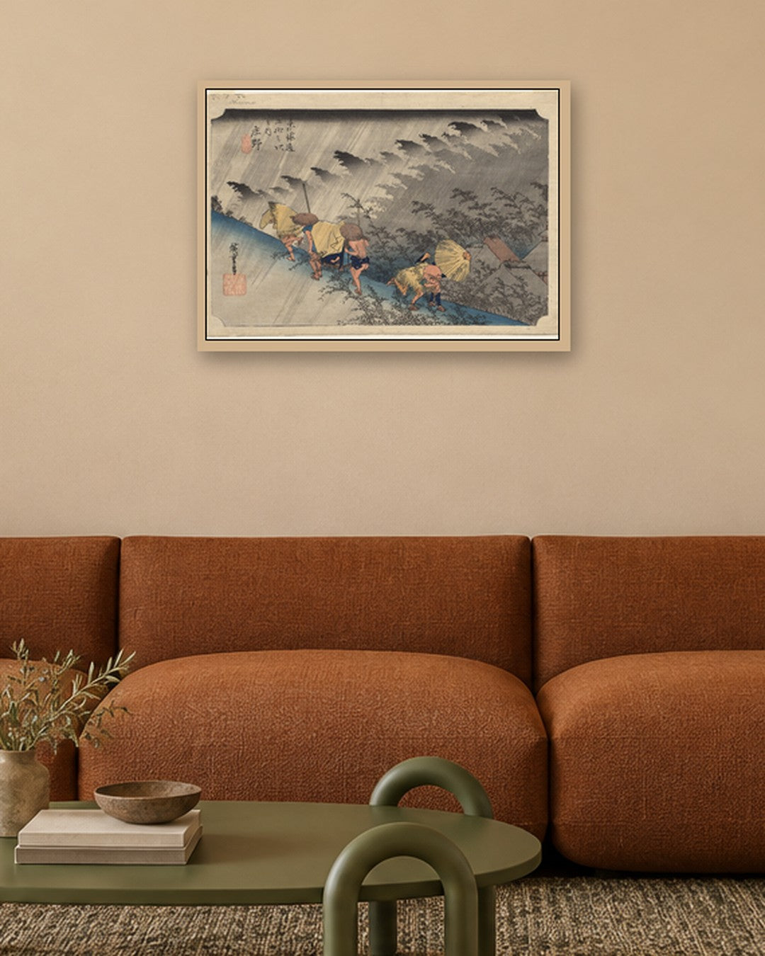 Utagawa Hiroshige - Driving Rain at Shōno, from Fifty-Three Stations of the Tokaidō - oak frame in a room