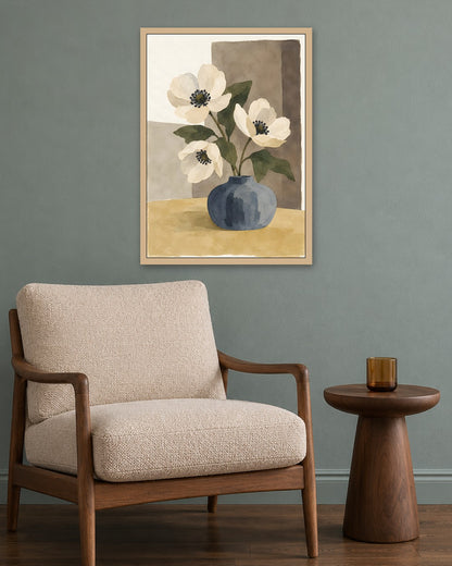 Cengiz Curtis - Minimalist Anemones in a Slate Vase - oak frame in a room