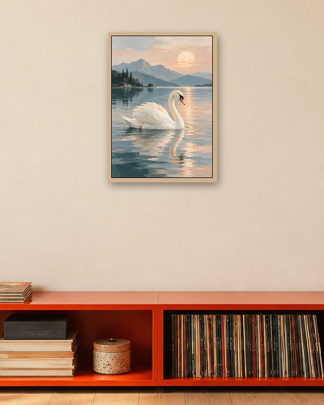 Jennet Hampsonn - Swan at Dawn on a Misty Lake - oak frame in a room