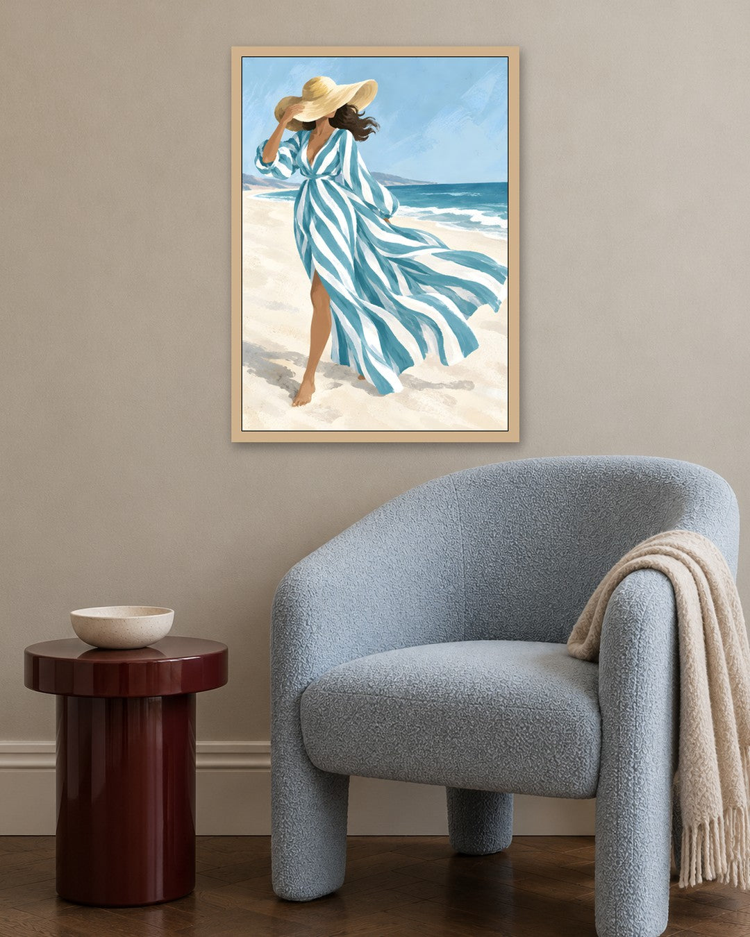 Jinna Jerre - Wind Swept Stroll by the Sea - oak frame in a room