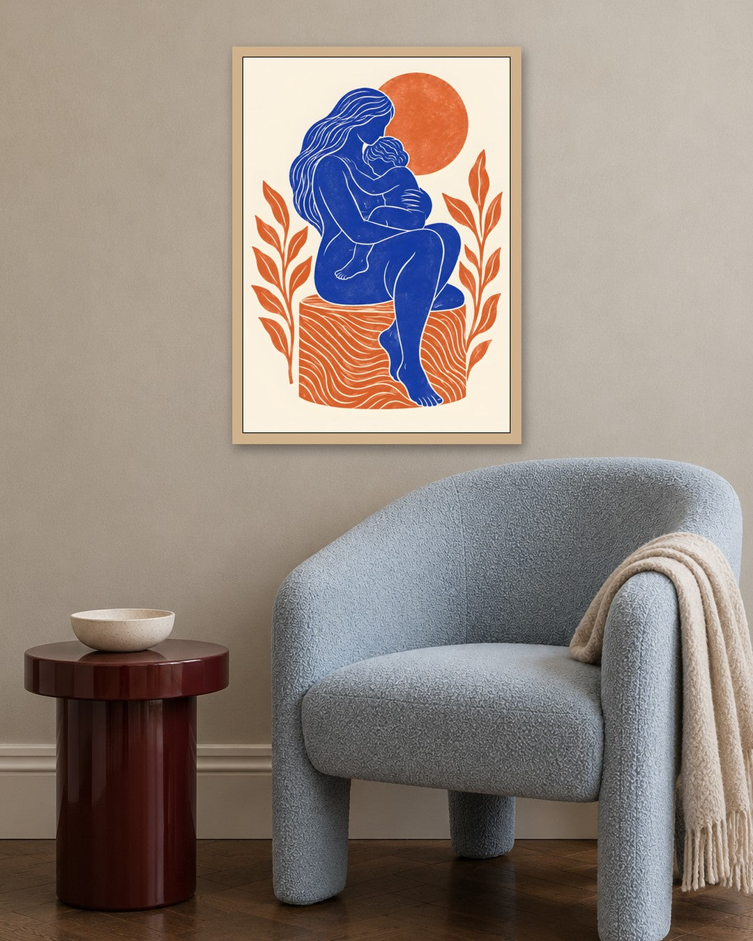 Yavr Johanssen - Linocut Embrace Beneath the Sun - oak frame in a room