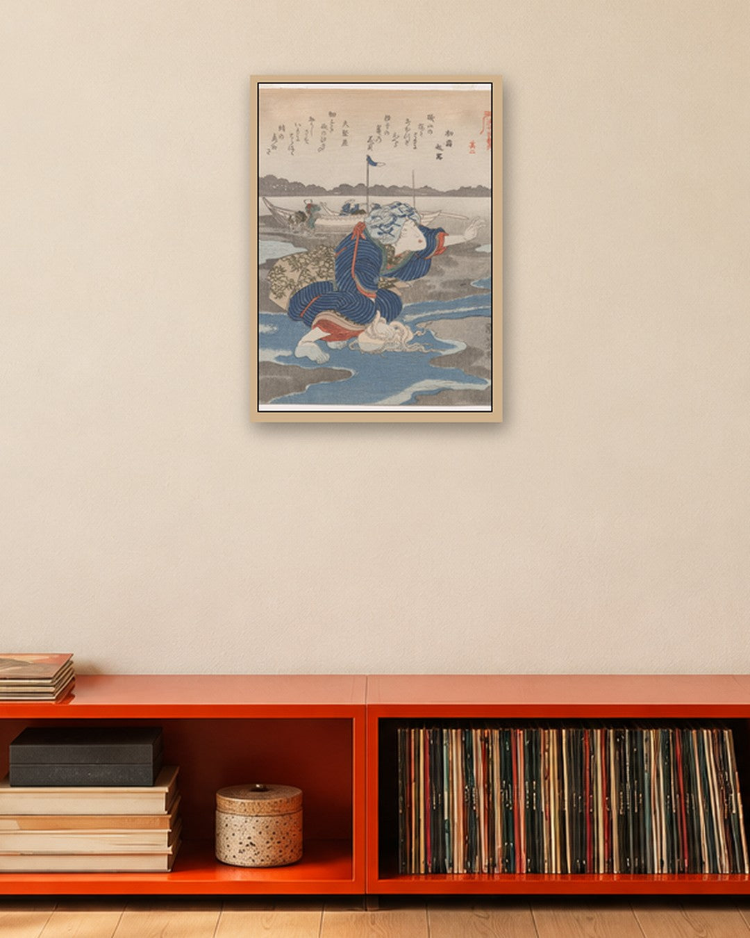 Utagawa Kuniyoshi - Second Print from A Low Tide Pentaptych - oak frame in a room