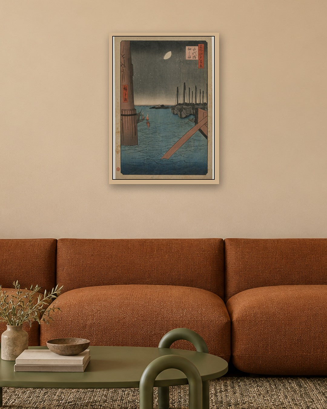 Utagawa Hiroshige - Tsukudajima from  Eitai Bridge, from the series One Hundred Views of Famous Places in Edo - oak frame in a room