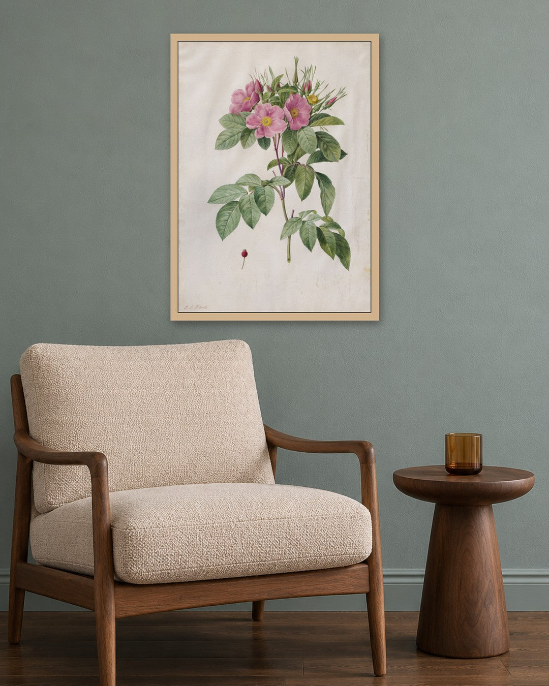 Pierre-Joseph Redouté - Pasture Rose (Rosa Carolina Corymbosa) - oak frame in a room
