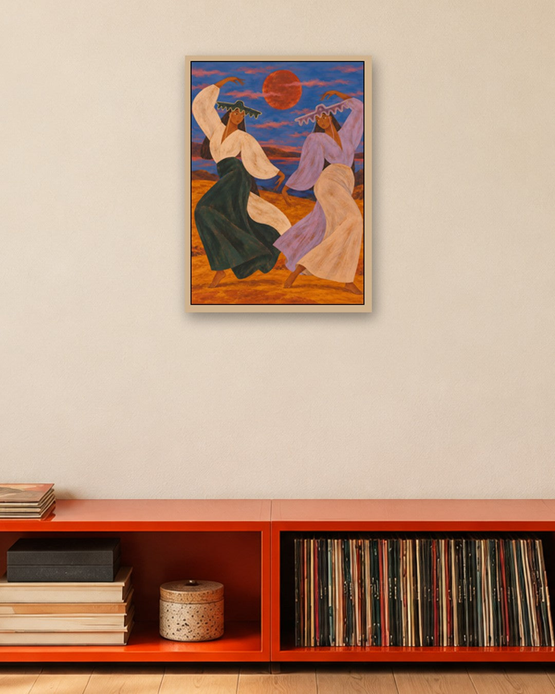 Alice Fray - Dancing Beneath the Red Moon - oak frame in a room