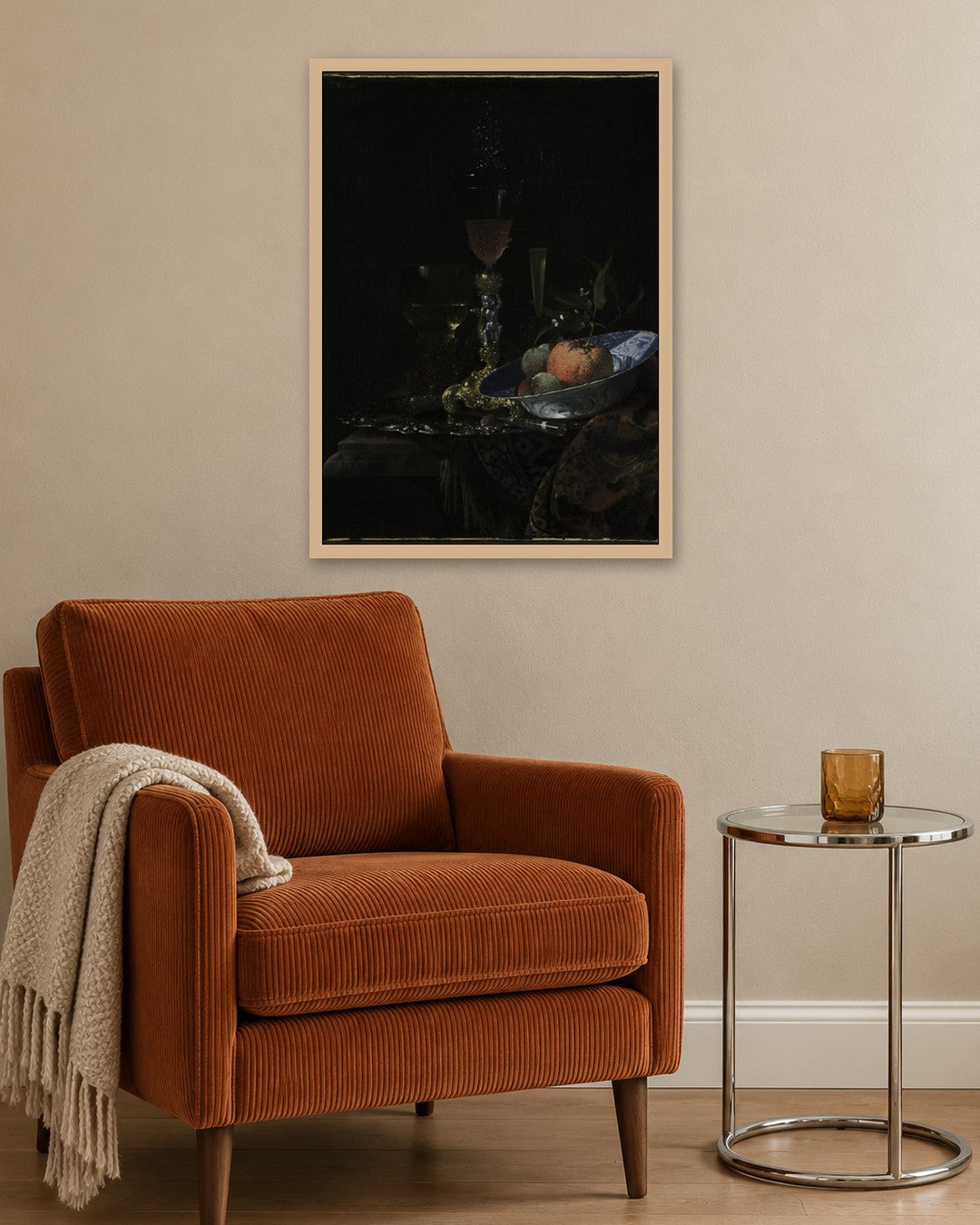 Willem Kalf - Wineglass and a Bowl of Fruit - oak frame in a room
