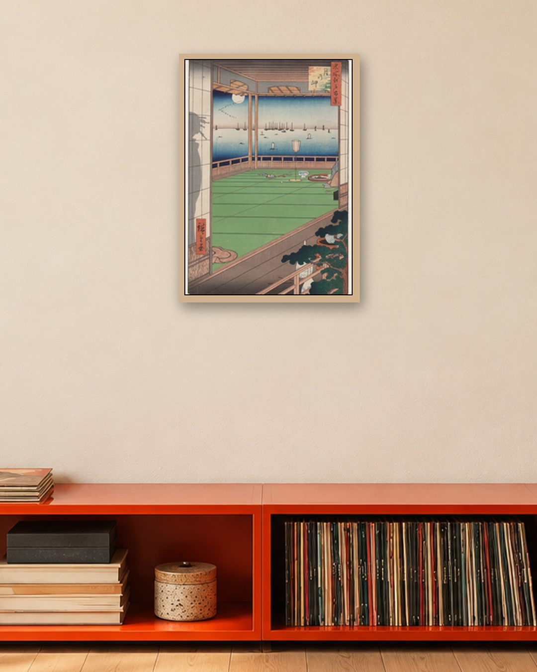 Utagawa Hiroshige - The Moon-Viewing Promontory, from One Hundred Views of Famous Places in Edo - oak frame in a room