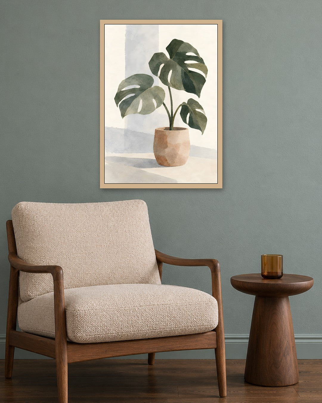 Cengiz Curtis - Minimalist Watercolour Monstera Still Life - oak frame in a room