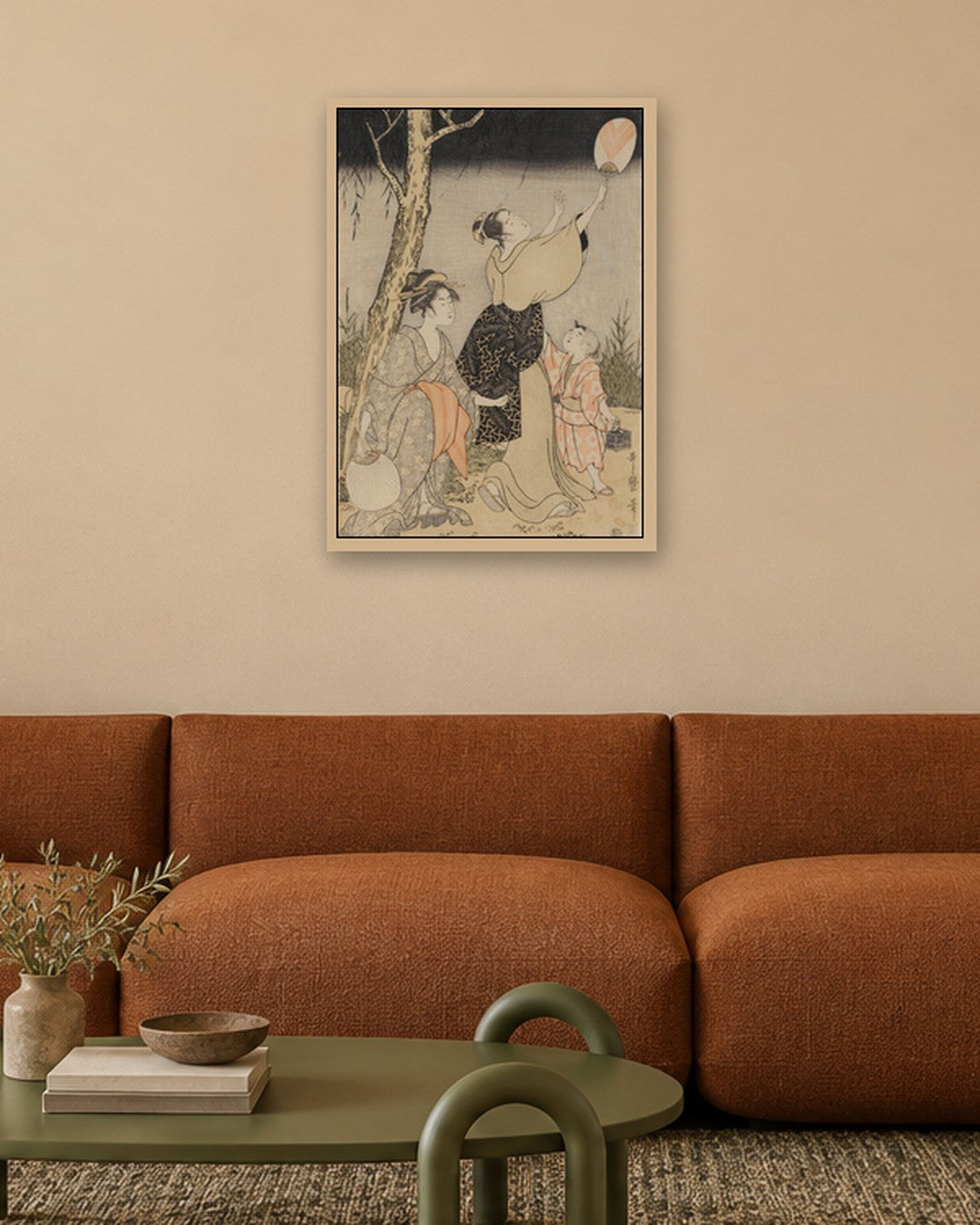 Kitagawa Utamaro - Catching Fireflies Beneath a Willow Tree (left) - oak frame in a room