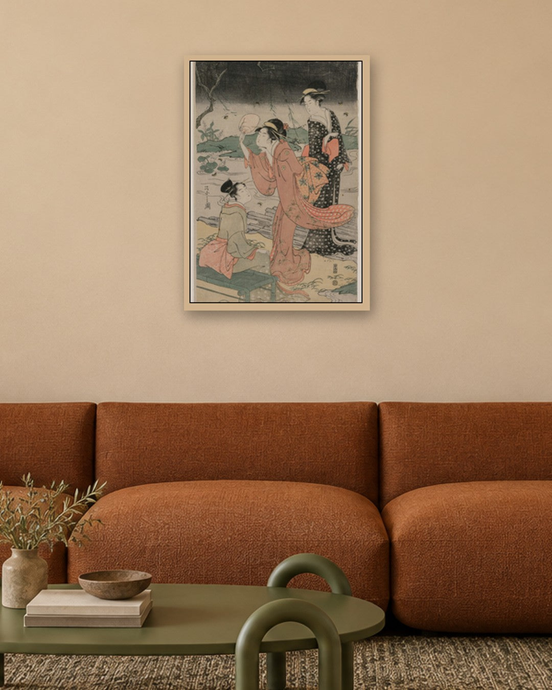 Chōbunsai Eishi - Women Beside a Stream Chasing Fireflies - oak frame in a room