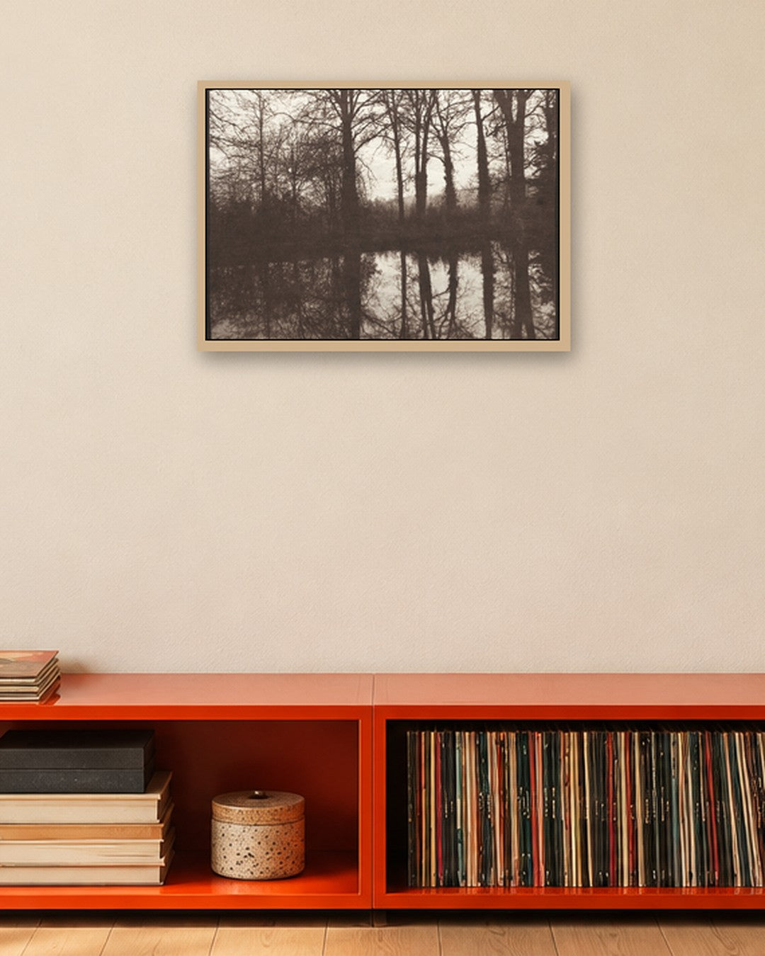 William Henry Fox Talbot - Winter Trees Reflected in a Pond - oak frame in a room