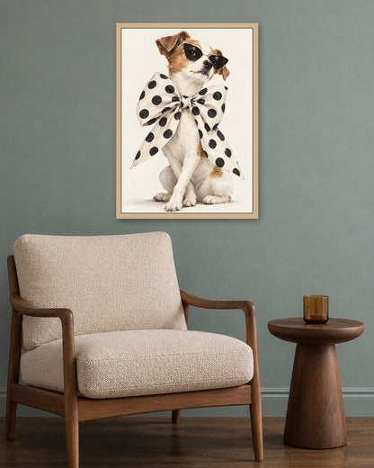 Hugo Morgan - Chic Polka Dot Bow Wearing Terrier - oak frame in a room