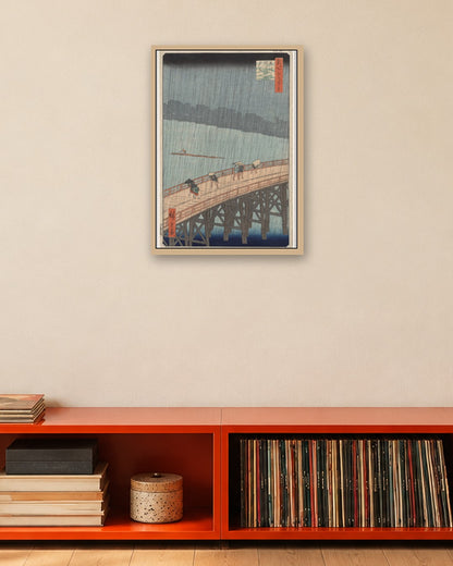 Utagawa Hiroshige - Sudden Shower over Shin-Ōhashi Bridge and Atake, from One Hundred Famous Views of Edo - oak frame in a room