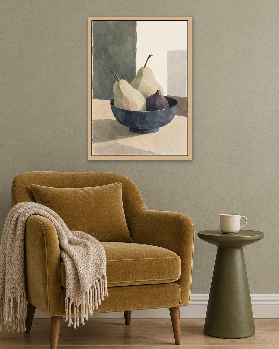 Cengiz Curtis - Muted Pears and Fig in a Dark Bowl - oak frame in a room