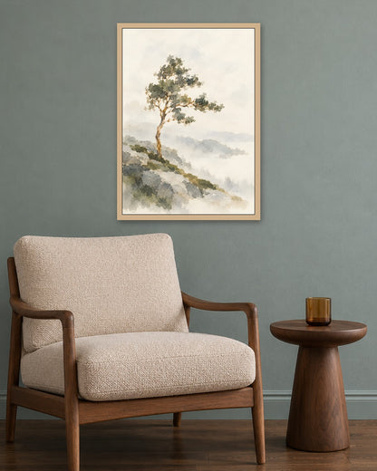 Cengiz Curtis - Windswept Tree in Misty Highlands - oak frame in a room
