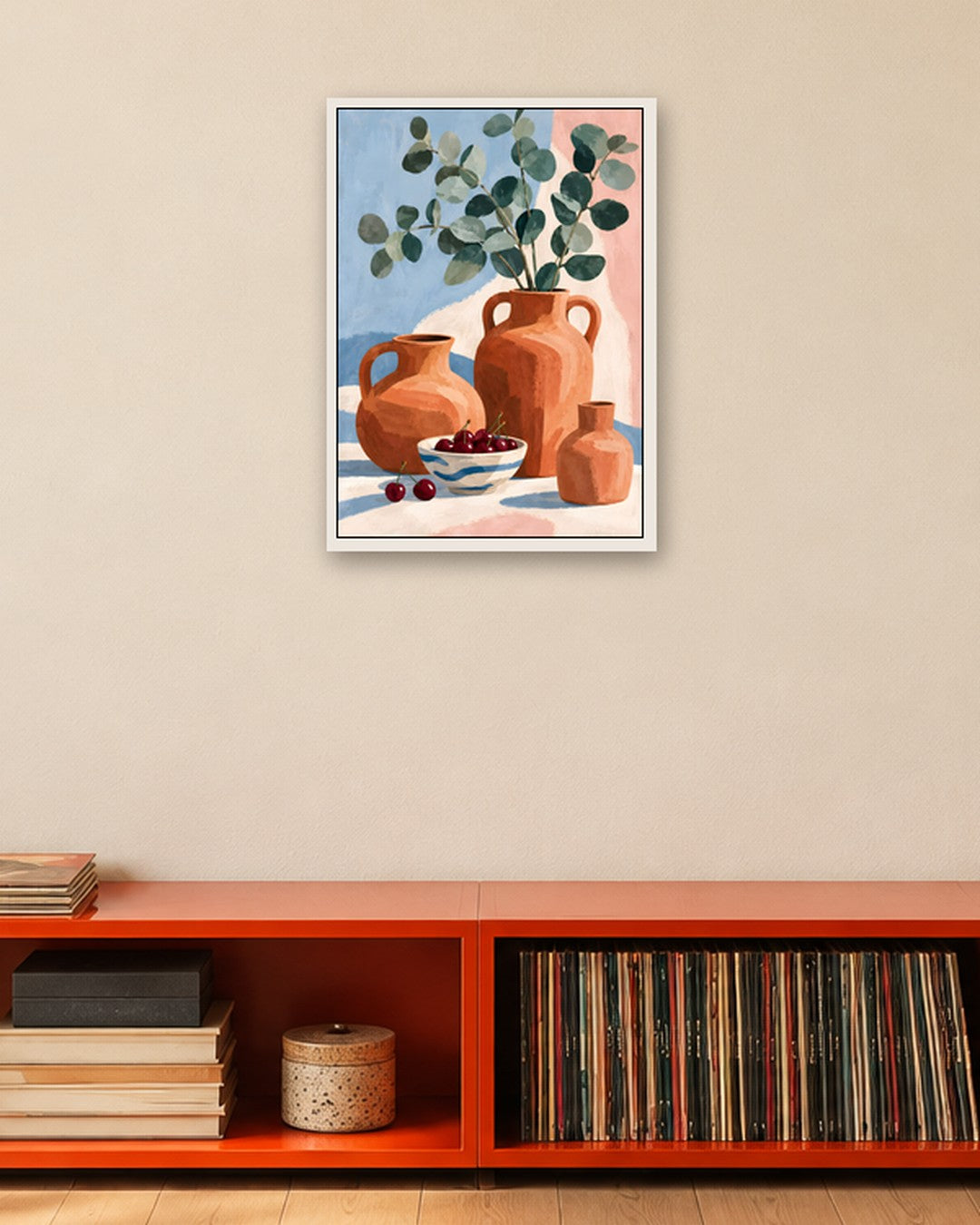 Jinna Jerre - Gouache Still Life with Cherries and Eucalyptus - white frame in a room
