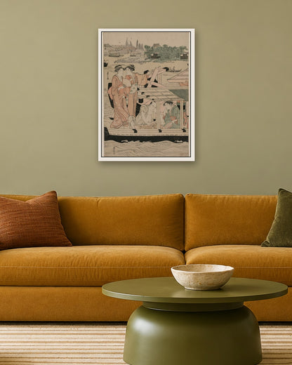 Chōbunsai Eishi - Leftmost Print from Pleasure Boats on the Sumida River beneath Shin-Ōhashi Bridge - white frame in a room