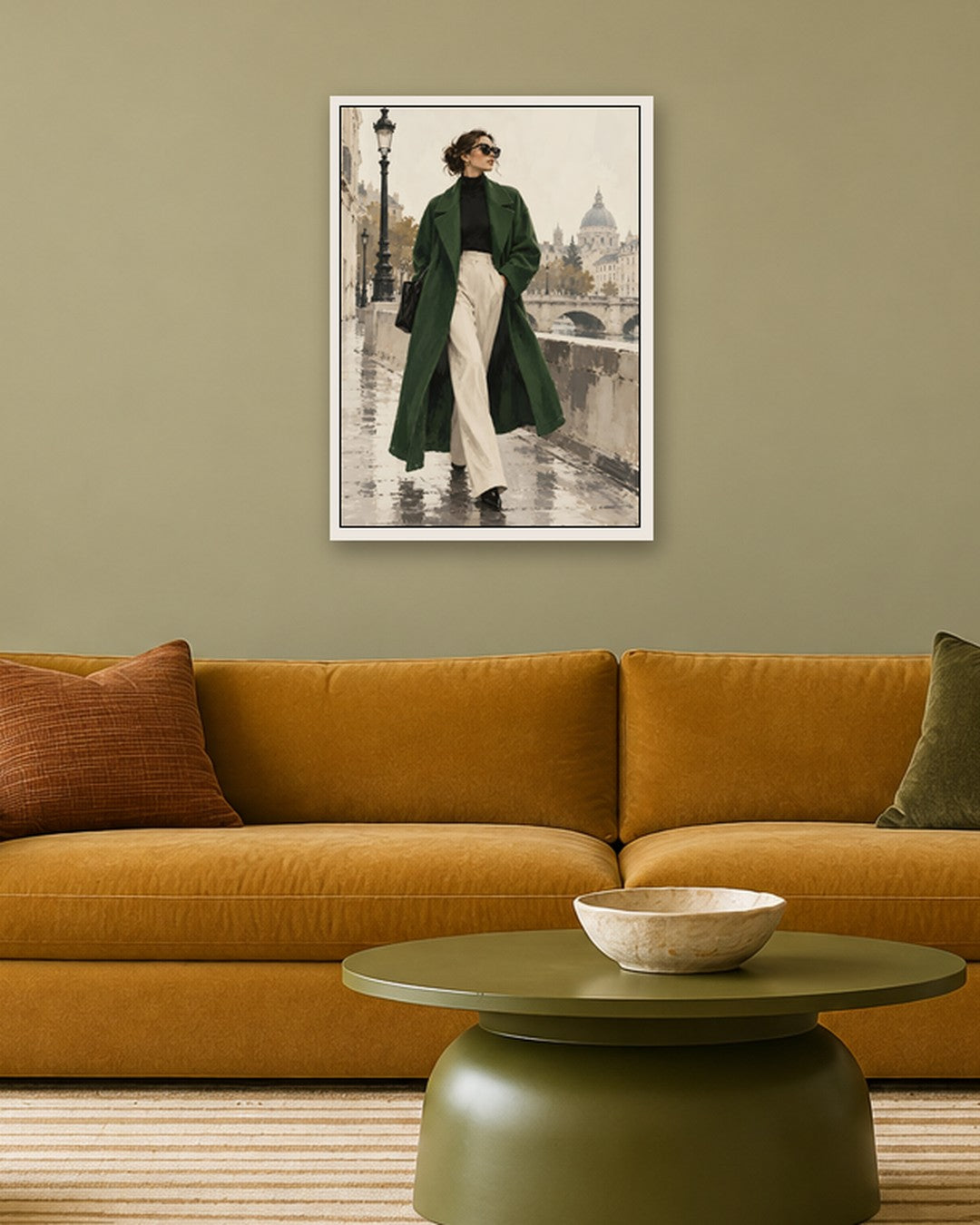Hugo Morgan - Emerald Coat by the River - white frame in a room