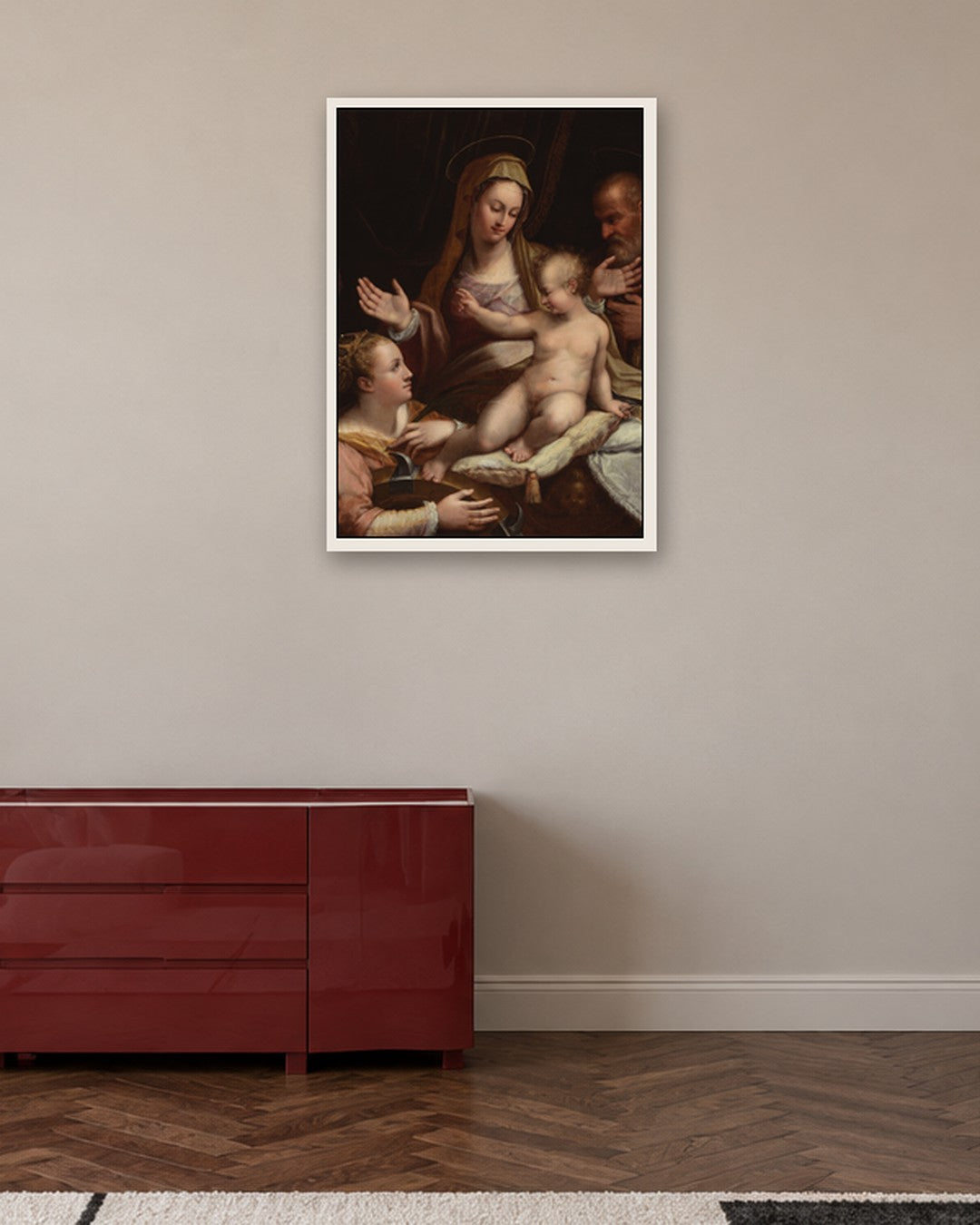 Renaissance Masters - Holy Family with Saint Catherine - white frame in a room