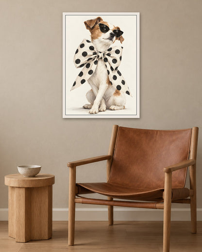 Hugo Morgan - Chic Polka Dot Bow Wearing Terrier - white frame in a room