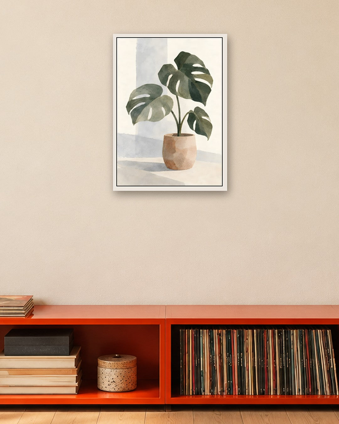 Cengiz Curtis - Minimalist Watercolour Monstera Still Life - white frame in a room