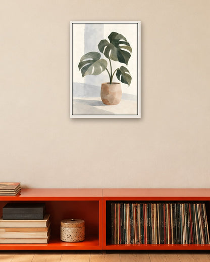 Cengiz Curtis - Minimalist Watercolour Monstera Still Life - white frame in a room