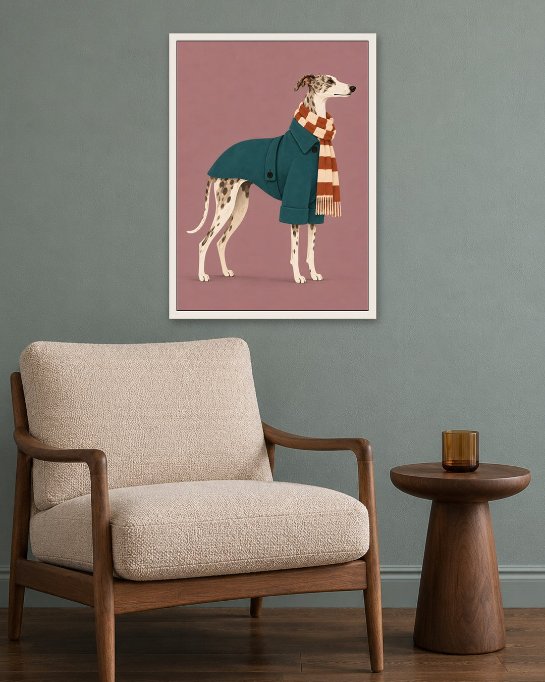 Elise Rowan - Winter Whippet - white frame in a room