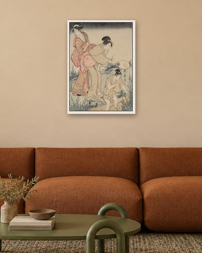 Kitagawa Utamaro - Catching Fireflies Beneath a Willow Tree (right) - white frame in a room