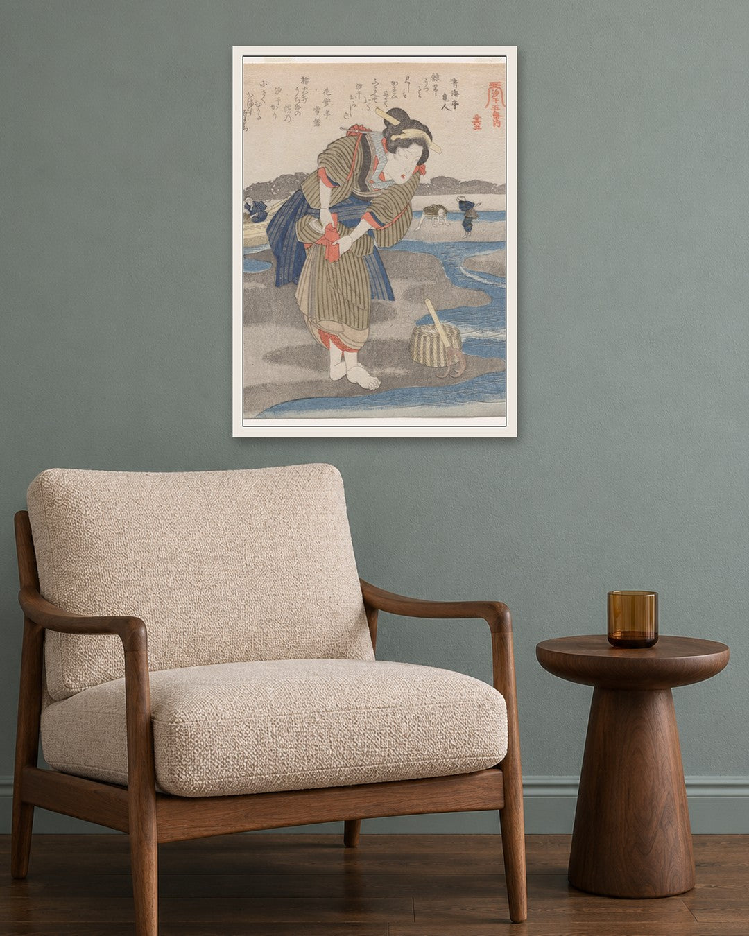 Utagawa Kuniyoshi - Fifth Print from A Low Tide Pentaptych - white frame in a room