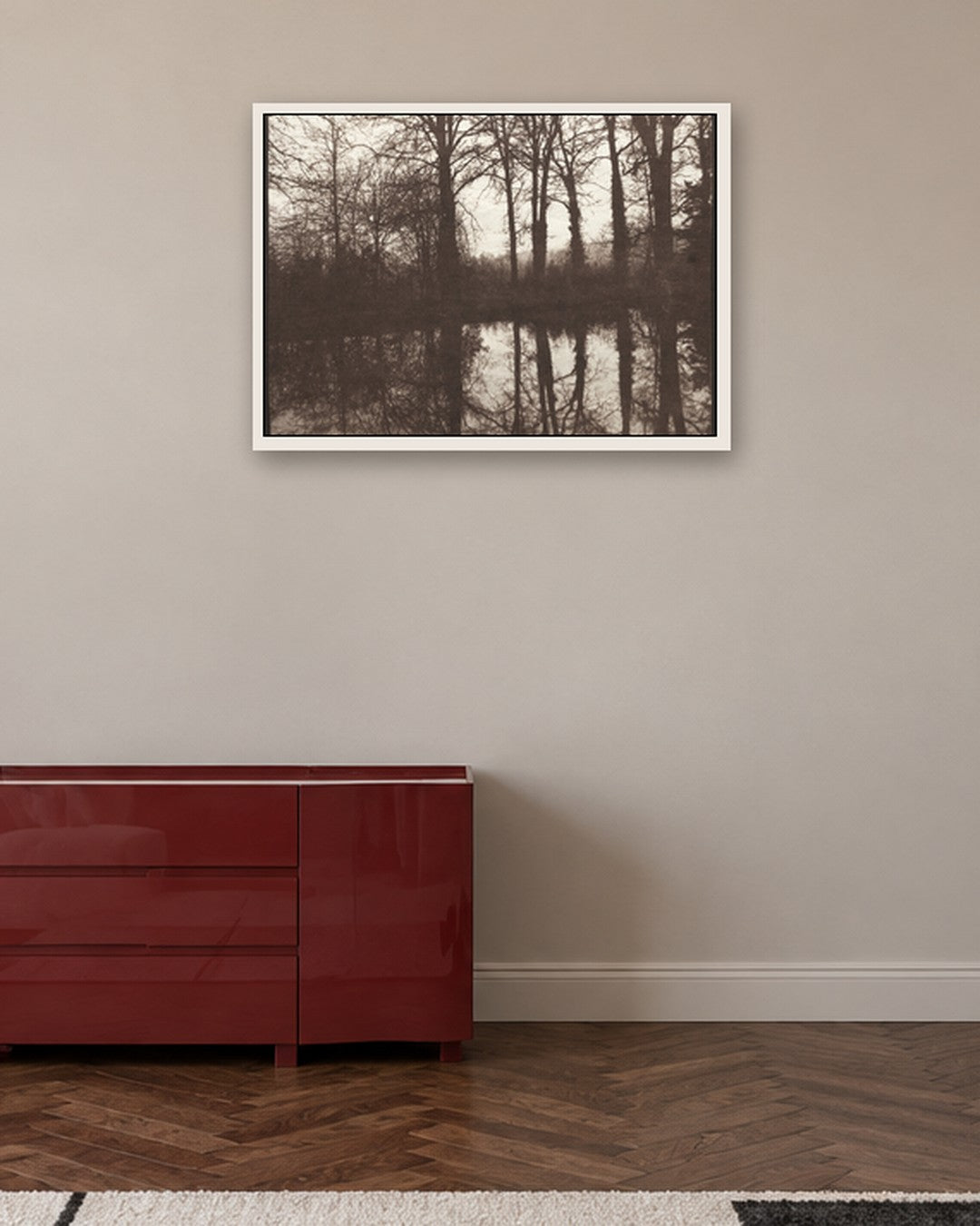 William Henry Fox Talbot - Winter Trees Reflected in a Pond - white frame in a room