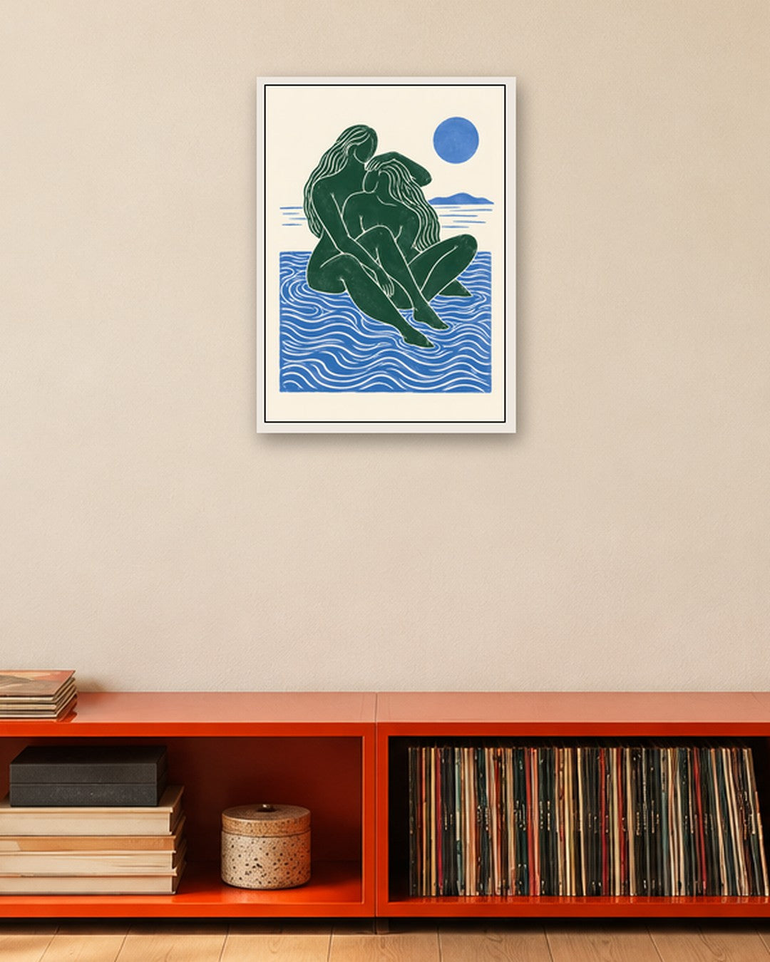 Yavr Johanssen - Entwined Swimmers in Blue Waters - white frame in a room
