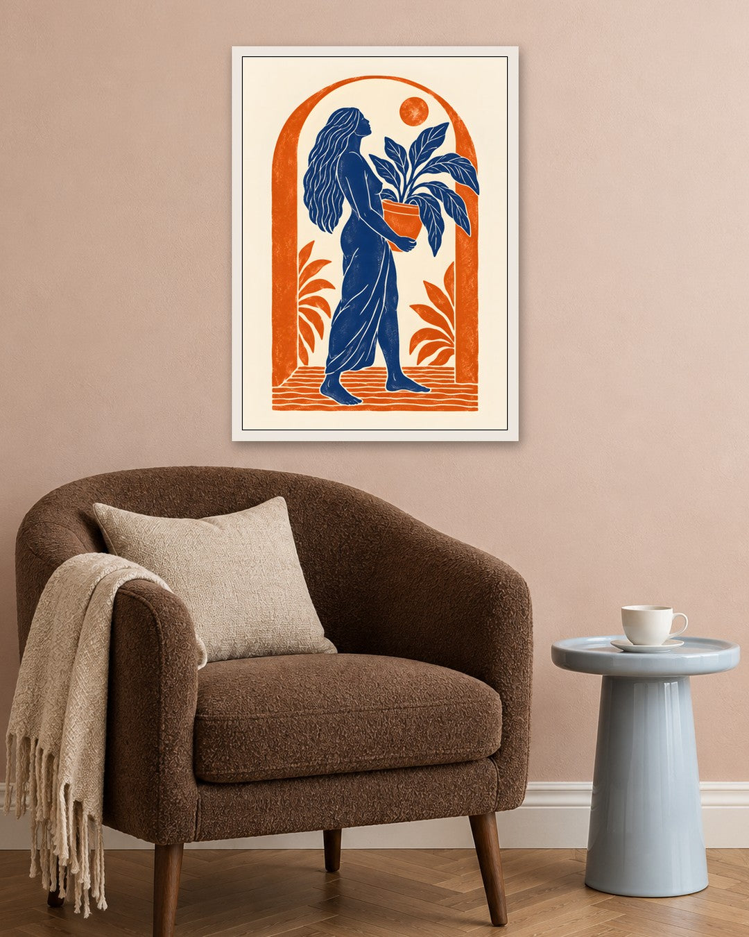 Yavr Johanssen - Linocut Woman with Potted Plant - white frame in a room